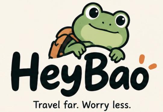 HeyBao logo featuring Yam, a friendly green frog with an orange backpack