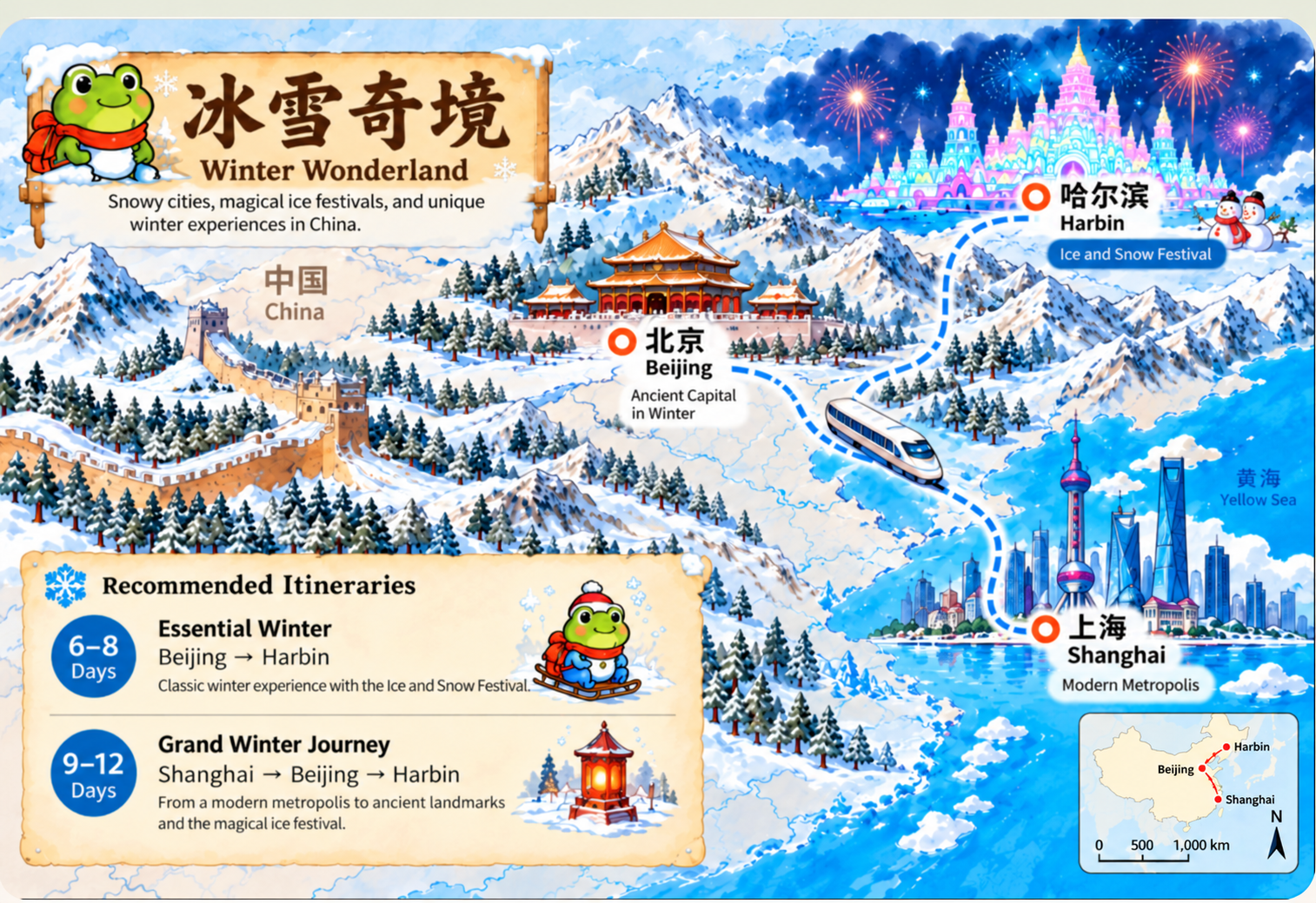 Blue and white watercolor winter map with Yam and Harbin Ice and Snow World