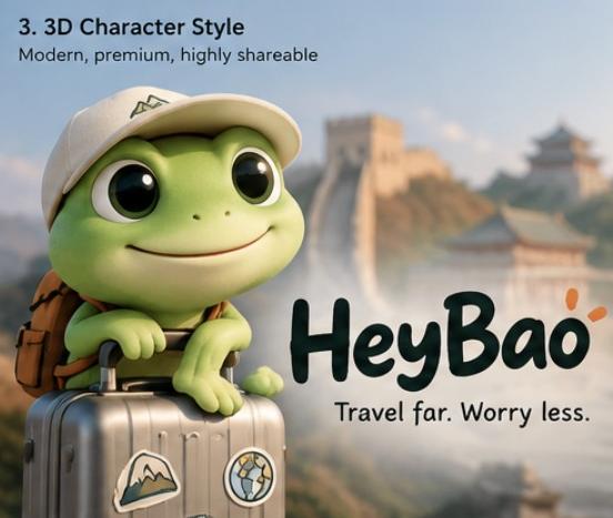 Yam, a green frog wearing a cream travel cap and backpack, sitting on a suitcase in front of Chinese landmarks